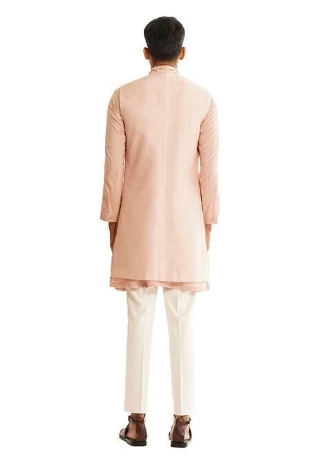 Shop Shreyansh Designs Pink Dupion Silk Embroidery Cutdana Geometric Bundi And Kurta Set Online at Aza Fashions Shop_Shreyansh Designs_Pink Dupion Silk Embroidery Cutdana Geometric Bundi And Kurta Set _Online_at_Aza_Fashions