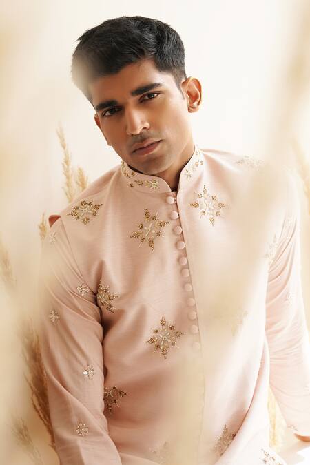 Shop Shreyansh Designs Pink Dupion Silk Embroidery Cutdana Geometric Bundi And Kurta Set Shop_Shreyansh Designs_Pink Dupion Silk Embroidery Cutdana Geometric Bundi And Kurta Set