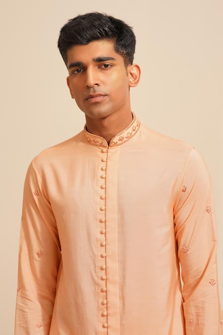 Shreyansh Designs Peach Chanderi Silk Embroidery Naarang Kurta Set at Aza Fashions Shreyansh Designs_Peach Chanderi Silk Embroidery Naarang Kurta Set _at_Aza_Fashions