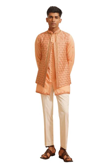 Buy Shreyansh Designs Peach Dupion Silk Embroidery Cutdana Geometric Bundi And Kurta Set Online at Aza Fashions Buy_Shreyansh Designs_Peach Dupion Silk Embroidery Cutdana Geometric Bundi And Kurta Set _Online_at_Aza_Fashions