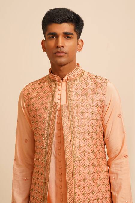 Buy Shreyansh Designs Peach Dupion Silk Embroidery Cutdana Geometric Bundi And Kurta Set Buy_Shreyansh Designs_Peach Dupion Silk Embroidery Cutdana Geometric Bundi And Kurta Set