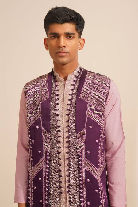 Buy Shreyansh Designs Purple Padma Silk Embellished Bead Geometric Bundi Kurta Set Buy_Shreyansh Designs_Purple Padma Silk Embellished Bead Geometric Bundi Kurta Set