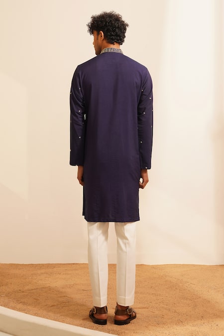 Shop_Shreyansh Designs_Blue Silk, Mihir Vine Embellished Border Kurta With Pant _at_Aza_Fashions
