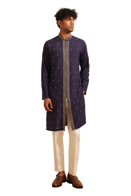 Buy_Shreyansh Designs_Blue Silk, Mihir Vine Embellished Border Kurta With Pant _Online_at_Aza_Fashions
