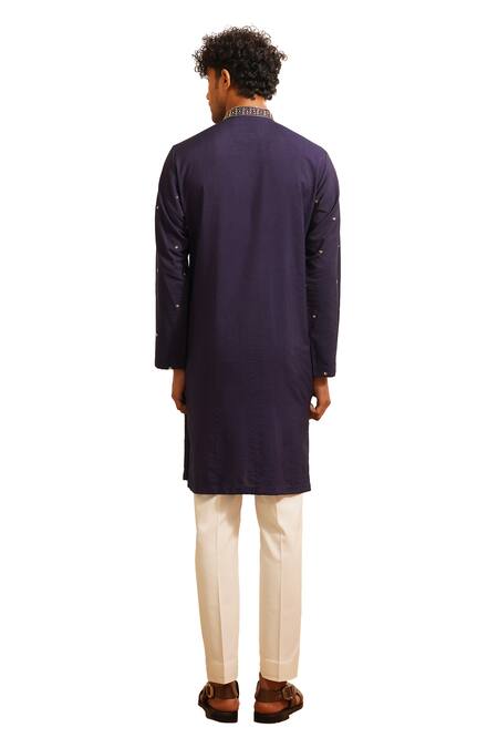 Shop_Shreyansh Designs_Blue Silk, Mihir Vine Embellished Border Kurta With Pant _Online_at_Aza_Fashions