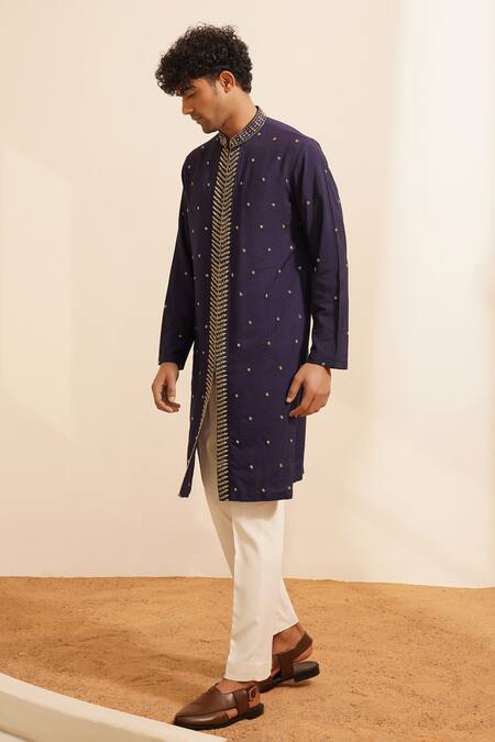 Shreyansh Designs_Blue Silk, Mihir Vine Embellished Border Kurta With Pant _at_Aza_Fashions