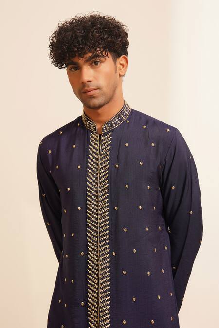 Buy_Shreyansh Designs_Blue Silk, Mihir Vine Embellished Border Kurta With Pant 
