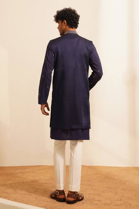 Shop Shreyansh Designs Blue Padma Silk Embellished Bead Floral Vine Embroidered Bundi Kurta Set at Aza Fashions Shop_Shreyansh Designs_Blue Padma Silk Embellished Bead Floral Vine Embroidered Bundi Kurta Set _at_Aza_Fashions