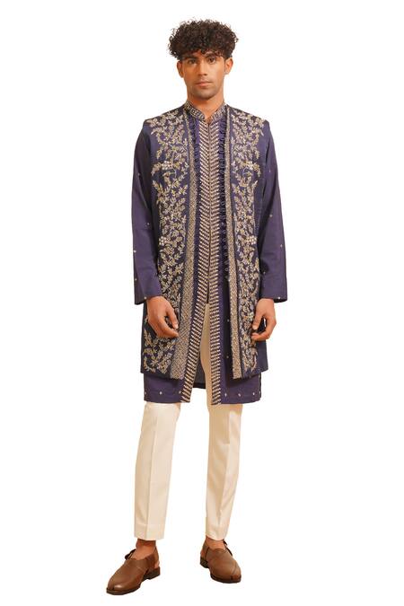 Buy Shreyansh Designs Blue Padma Silk Embellished Bead Floral Vine Embroidered Bundi Kurta Set Online at Aza Fashions Buy_Shreyansh Designs_Blue Padma Silk Embellished Bead Floral Vine Embroidered Bundi Kurta Set _Online_at_Aza_Fashions