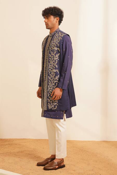 Shreyansh Designs Blue Padma Silk Embellished Bead Floral Vine Embroidered Bundi Kurta Set at Aza Fashions Shreyansh Designs_Blue Padma Silk Embellished Bead Floral Vine Embroidered Bundi Kurta Set _at_Aza_Fashions