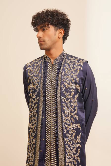 Buy Shreyansh Designs Blue Padma Silk Embellished Bead Floral Vine Embroidered Bundi Kurta Set Buy_Shreyansh Designs_Blue Padma Silk Embellished Bead Floral Vine Embroidered Bundi Kurta Set