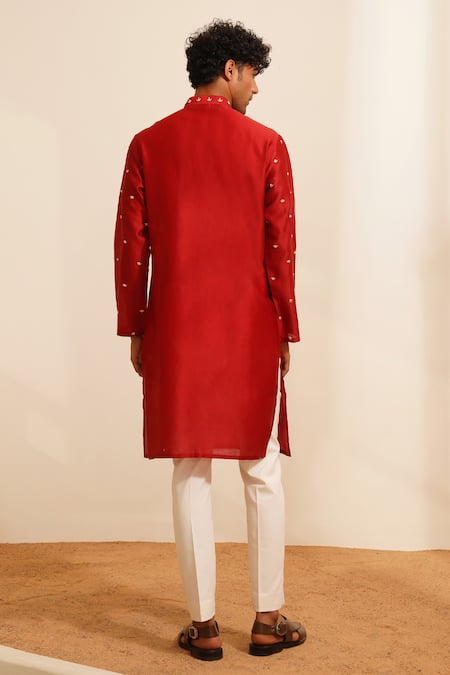 Shop Shreyansh Designs Red Chanderi Silk Zari Ivan Zardozi Embroidered Kurta With Pant at Aza Fashions Shop_Shreyansh Designs_Red Chanderi Silk Zari Ivan Zardozi Embroidered Kurta With Pant _at_Aza_Fashions