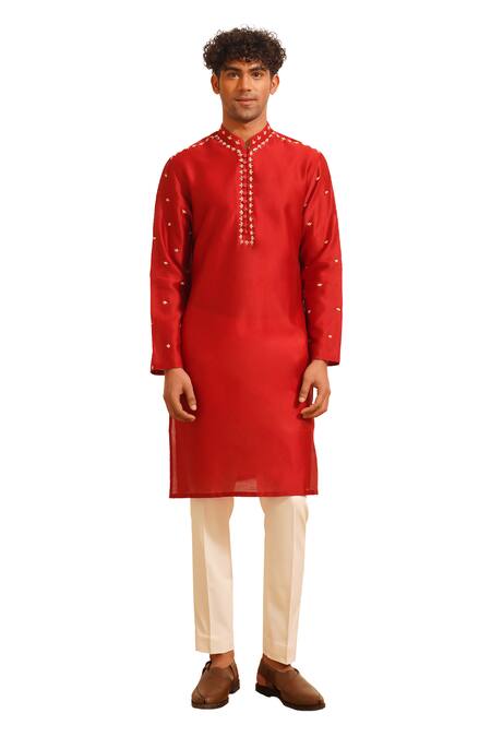 Buy Shreyansh Designs Red Chanderi Silk Zari Ivan Zardozi Embroidered Kurta With Pant Online at Aza Fashions Buy_Shreyansh Designs_Red Chanderi Silk Zari Ivan Zardozi Embroidered Kurta With Pant _Online_at_Aza_Fashions