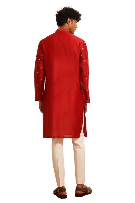 Shop Shreyansh Designs Red Chanderi Silk Zari Ivan Zardozi Embroidered Kurta With Pant Online at Aza Fashions Shop_Shreyansh Designs_Red Chanderi Silk Zari Ivan Zardozi Embroidered Kurta With Pant _Online_at_Aza_Fashions