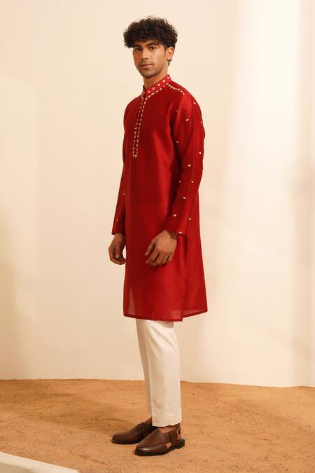 Shreyansh Designs Red Chanderi Silk Zari Ivan Zardozi Embroidered Kurta With Pant at Aza Fashions Shreyansh Designs_Red Chanderi Silk Zari Ivan Zardozi Embroidered Kurta With Pant _at_Aza_Fashions