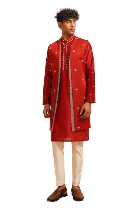 Buy Shreyansh Designs Red Padma Silk Embroidered Zardozi Bundi Kurta Set Online at Aza Fashions Buy_Shreyansh Designs_Red Padma Silk Embroidered Zardozi Bundi Kurta Set _Online_at_Aza_Fashions
