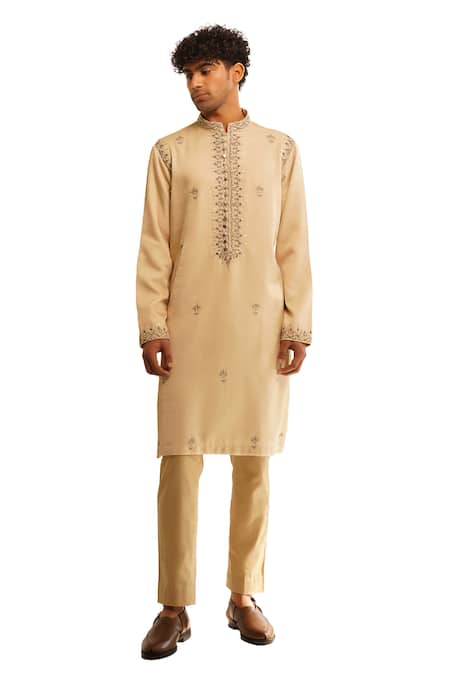 Buy Shreyansh Designs Beige Chanderi Silk Beads, Sequins, Urjit Embellished Floral Kurta With Pant Online at Aza Fashions Buy_Shreyansh Designs_Beige Chanderi Silk Beads, Sequins, Urjit Embellished Floral Kurta With Pant _Online_at_Aza_Fashions