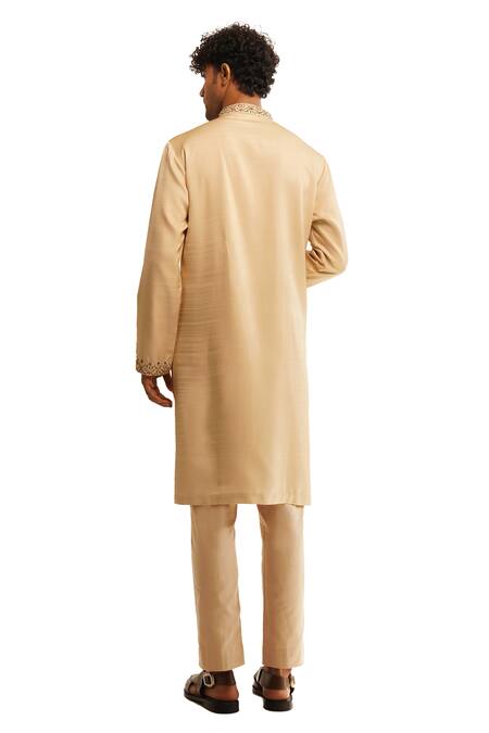 Shop Shreyansh Designs Beige Chanderi Silk Beads, Sequins, Urjit Embellished Floral Kurta With Pant Online at Aza Fashions Shop_Shreyansh Designs_Beige Chanderi Silk Beads, Sequins, Urjit Embellished Floral Kurta With Pant _Online_at_Aza_Fashions
