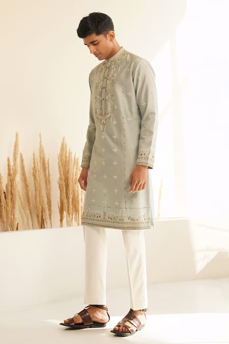 Shreyansh Designs Blue Chanderi Silk Embroidered Zari Vyom Floral Vine Kurta With Pant 