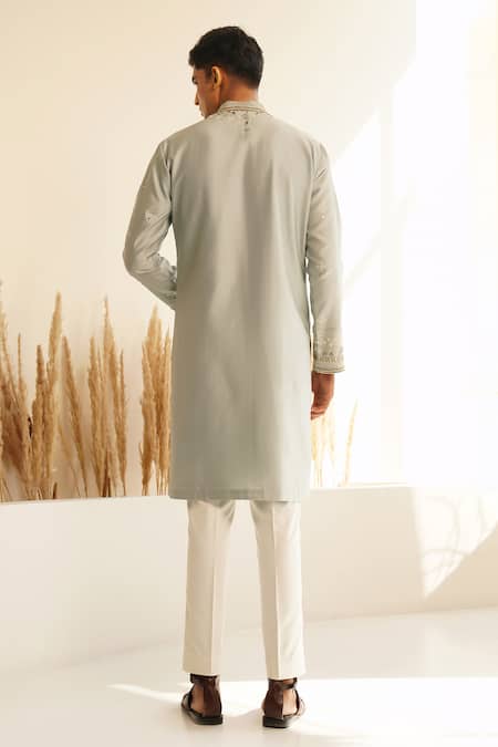 Shop Shreyansh Designs Blue Silk, Vyom Floral Vine Embroidered Kurta With Pant at Aza Fashions Shop_Shreyansh Designs_Blue Silk, Vyom Floral Vine Embroidered Kurta With Pant _at_Aza_Fashions