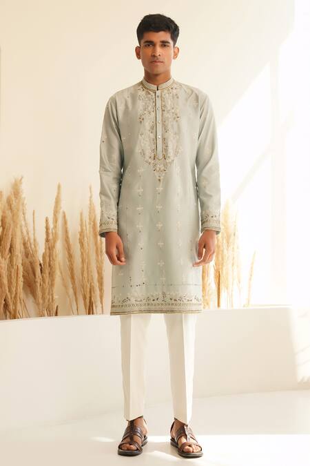 Shreyansh Designs Blue Silk, Vyom Floral Vine Embroidered Kurta With Pant Online at Aza Fashions Shreyansh Designs_Blue Silk, Vyom Floral Vine Embroidered Kurta With Pant _Online_at_Aza_Fashions