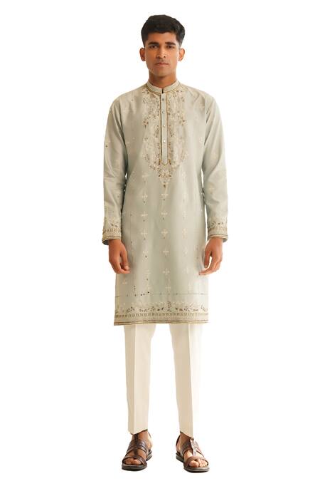 Shop Shreyansh Designs Blue Silk, Vyom Floral Vine Embroidered Kurta With Pant Online at Aza Fashions Shop_Shreyansh Designs_Blue Silk, Vyom Floral Vine Embroidered Kurta With Pant _Online_at_Aza_Fashions