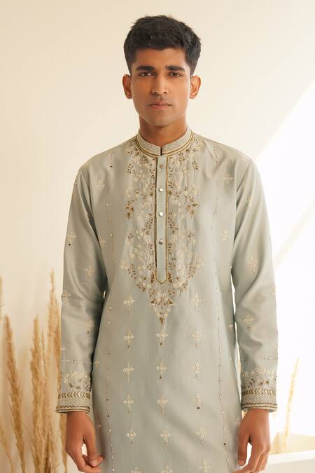 Buy Shreyansh Designs Blue Silk, Vyom Floral Vine Embroidered Kurta With Pant Buy_Shreyansh Designs_Blue Silk, Vyom Floral Vine Embroidered Kurta With Pant