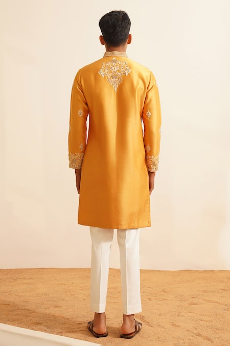 Shop Shreyansh Designs Yellow Chanderi Silk Sequins, Beads, Falgun Vine Embroidered Kurta With Pant at Aza Fashions Shop_Shreyansh Designs_Yellow Chanderi Silk Sequins, Beads, Falgun Vine Embroidered Kurta With Pant _at_Aza_Fashions