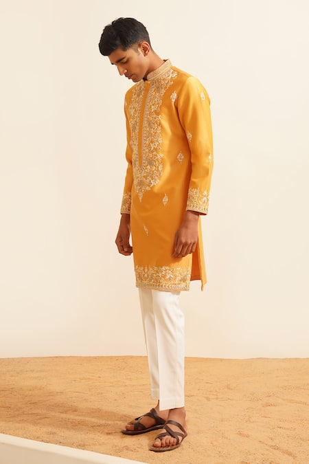 Shop Shreyansh Designs Yellow Chanderi Silk Sequins, Beads, Falgun Vine Embroidered Kurta With Pant Online at Aza Fashions Shop_Shreyansh Designs_Yellow Chanderi Silk Sequins, Beads, Falgun Vine Embroidered Kurta With Pant _Online_at_Aza_Fashions