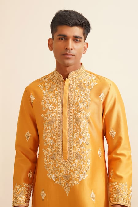 Shreyansh Designs Yellow Chanderi Silk Sequins, Beads, Falgun Vine Embroidered Kurta With Pant at Aza Fashions Shreyansh Designs_Yellow Chanderi Silk Sequins, Beads, Falgun Vine Embroidered Kurta With Pant _at_Aza_Fashions