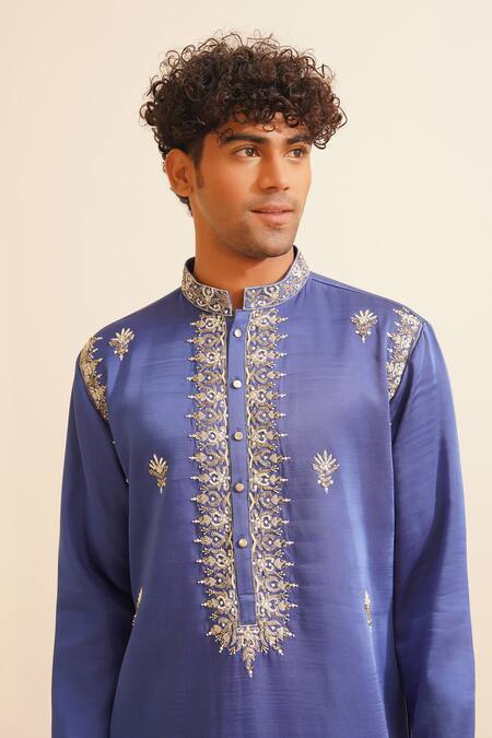 Shreyansh Designs_Blue Silk, Pearls, Vidyuth Embellished Kurta With Pant _Online_at_Aza_Fashions