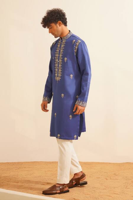 Buy_Shreyansh Designs_Blue Silk, Pearls, Vidyuth Embellished Kurta With Pant _Online_at_Aza_Fashions