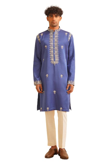Buy_Shreyansh Designs_Blue Silk, Pearls, Vidyuth Embellished Kurta With Pant 