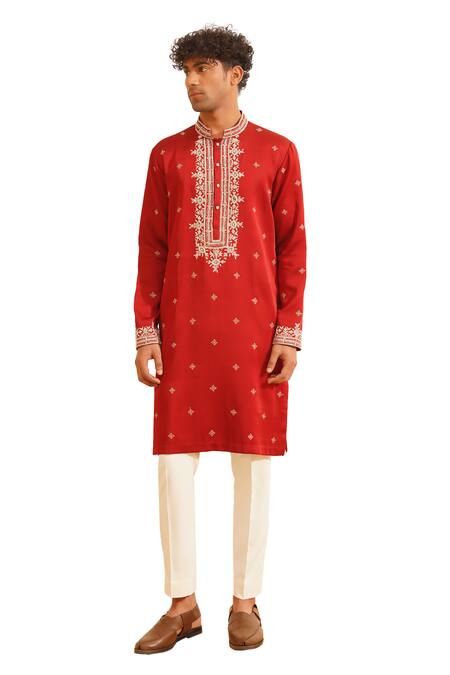 Buy Shreyansh Designs Red Chanderi Silk Sequins, Beads Kastur Floral Mirrorwork Kurta With Pant Online at Aza Fashions Buy_Shreyansh Designs_Red Chanderi Silk Sequins, Beads Kastur Floral Mirrorwork Kurta With Pant _Online_at_Aza_Fashions