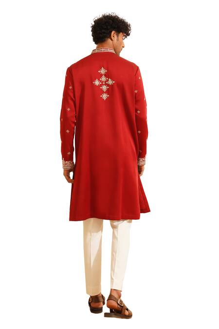 Shop Shreyansh Designs Red Chanderi Silk Sequins, Beads Kastur Floral Mirrorwork Kurta With Pant Online at Aza Fashions Shop_Shreyansh Designs_Red Chanderi Silk Sequins, Beads Kastur Floral Mirrorwork Kurta With Pant _Online_at_Aza_Fashions