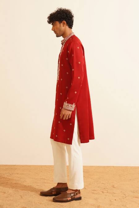Shreyansh Designs Red Chanderi Silk Sequins, Beads Kastur Floral Mirrorwork Kurta With Pant at Aza Fashions Shreyansh Designs_Red Chanderi Silk Sequins, Beads Kastur Floral Mirrorwork Kurta With Pant _at_Aza_Fashions