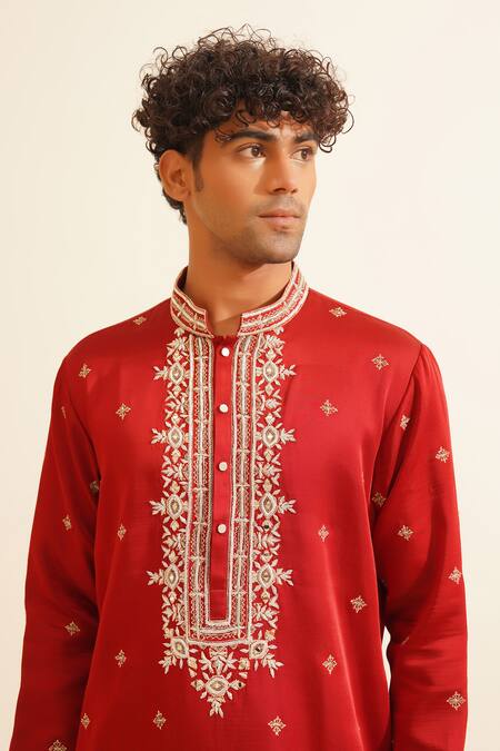 Buy Shreyansh Designs Red Chanderi Silk Sequins, Beads Kastur Floral Mirrorwork Kurta With Pant Buy_Shreyansh Designs_Red Chanderi Silk Sequins, Beads Kastur Floral Mirrorwork Kurta With Pant