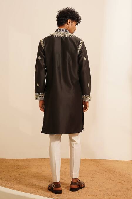 Shop Shreyansh Designs Black Chanderi Silk Pearls, Sequins, Amavas Blossom Embellished Kurta With Pant at Aza Fashions Shop_Shreyansh Designs_Black Chanderi Silk Pearls, Sequins, Amavas Blossom Embellished Kurta With Pant _at_Aza_Fashions