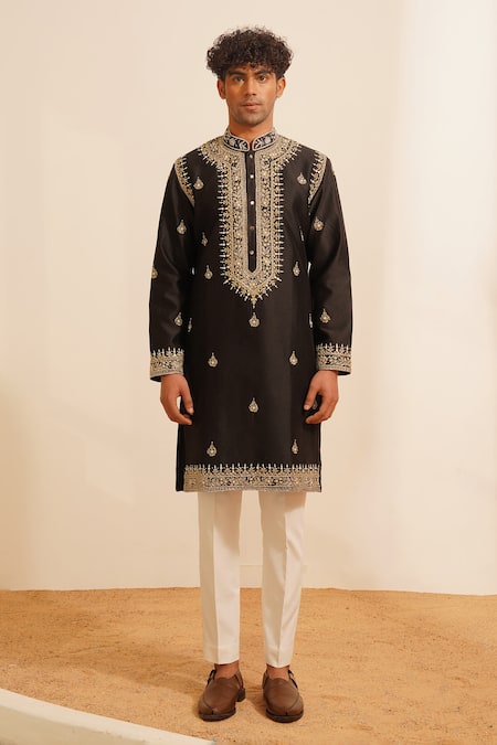 Shreyansh Designs Black Chanderi Silk Pearls, Sequins, Amavas Blossom Embellished Kurta With Pant Online at Aza Fashions Shreyansh Designs_Black Chanderi Silk Pearls, Sequins, Amavas Blossom Embellished Kurta With Pant _Online_at_Aza_Fashions