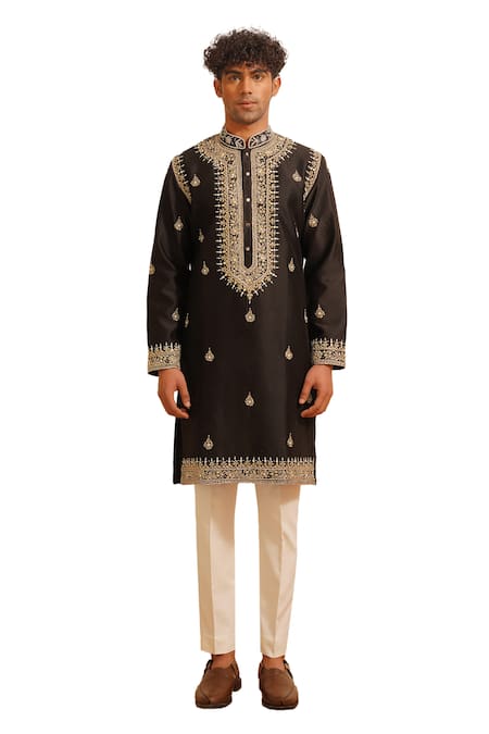Shop Shreyansh Designs Black Chanderi Silk Pearls, Sequins, Amavas Blossom Embellished Kurta With Pant Online at Aza Fashions Shop_Shreyansh Designs_Black Chanderi Silk Pearls, Sequins, Amavas Blossom Embellished Kurta With Pant _Online_at_Aza_Fashions