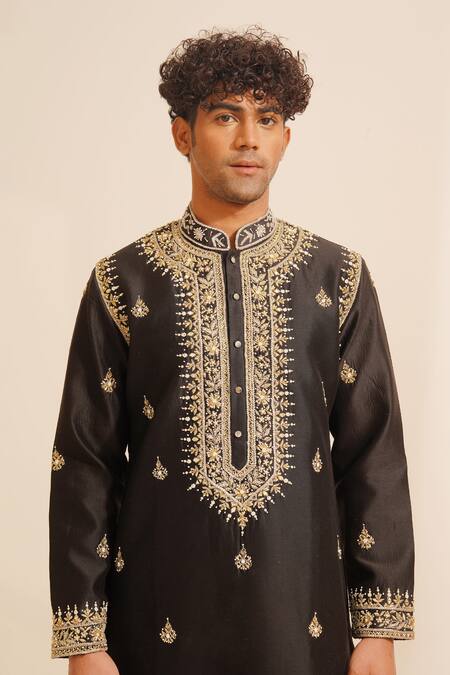 Buy Shreyansh Designs Black Chanderi Silk Pearls, Sequins, Amavas Blossom Embellished Kurta With Pant Buy_Shreyansh Designs_Black Chanderi Silk Pearls, Sequins, Amavas Blossom Embellished Kurta With Pant