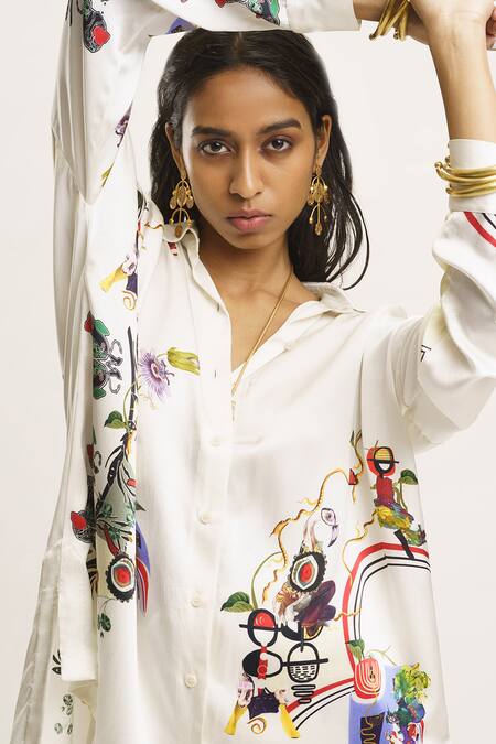 AK-OK White Silk Collared Printed Shirt And Pant Set Online at Aza Fashions AK-OK_White Silk Collared Printed Shirt And Pant Set_Online_at_Aza_Fashions