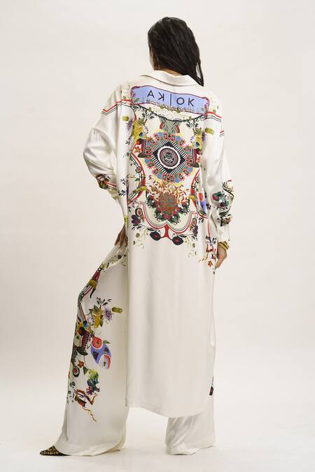 Buy AK-OK White Silk Collared Printed Shirt And Pant Set Online at Aza Fashions Buy_AK-OK_White Silk Collared Printed Shirt And Pant Set_Online_at_Aza_Fashions