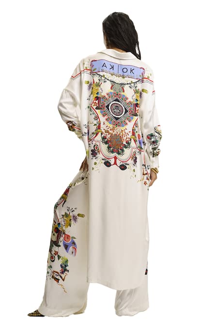 Shop AK-OK White Silk Collared Printed Shirt And Pant Set Online at Aza Fashions Shop_AK-OK_White Silk Collared Printed Shirt And Pant Set_Online_at_Aza_Fashions