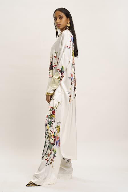 AK-OK White Silk Collared Printed Shirt And Pant Set at Aza Fashions AK-OK_White Silk Collared Printed Shirt And Pant Set_at_Aza_Fashions