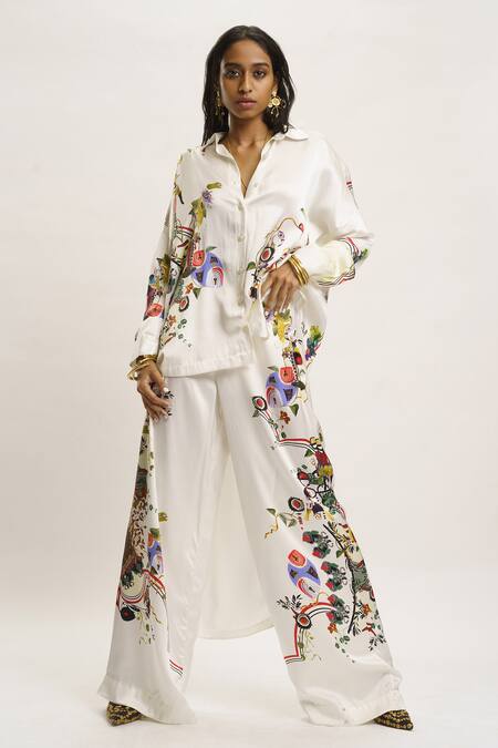 Buy AK-OK White Silk Collared Printed Shirt And Pant Set Buy_AK-OK_White Silk Collared Printed Shirt And Pant Set