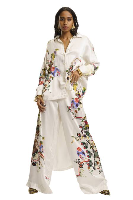 Shop AK-OK White Silk Collared Printed Shirt And Pant Set Shop_AK-OK_White Silk Collared Printed Shirt And Pant Set