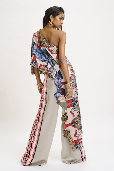 AK-OK Printed One Shoulder Top & Trouser Set 