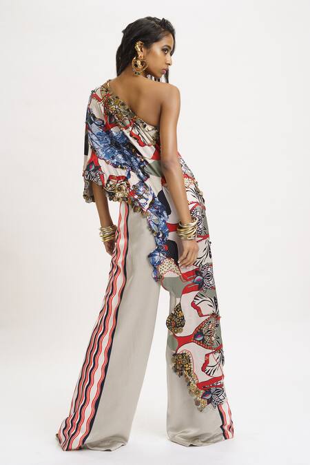 Buy_AK-OK_White Silk Sequins, Beads Asymmetric Printed One Shoulder Top And Trouser Set _Online_at_Aza_Fashions