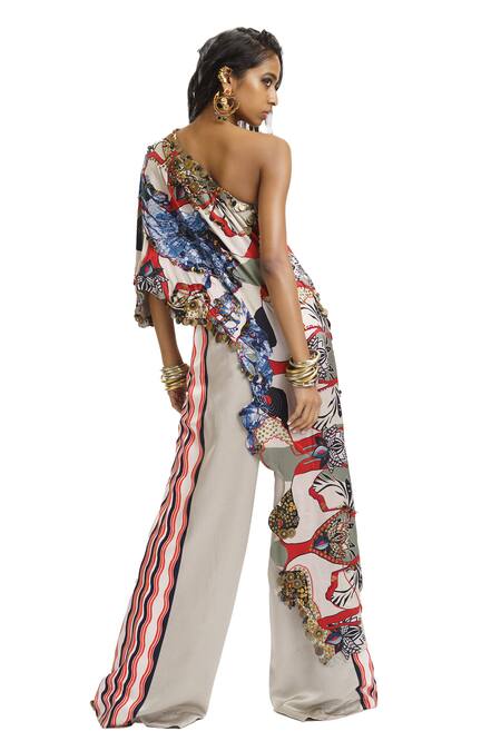 Shop_AK-OK_White Silk Sequins, Beads Asymmetric Printed One Shoulder Top And Trouser Set _Online_at_Aza_Fashions
